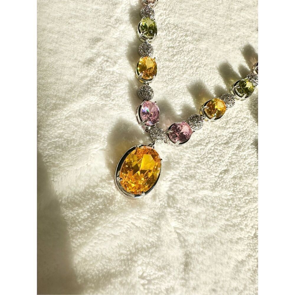 Gorgeous oval canary and multicolor cubic zirconia statement necklace  - Picture 6 of 12
